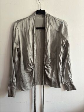 The Limited silver silk tie front top